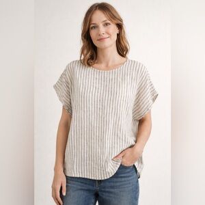 Tahari Cream and Gray Striped Short-Sleeve Linen Blend Top